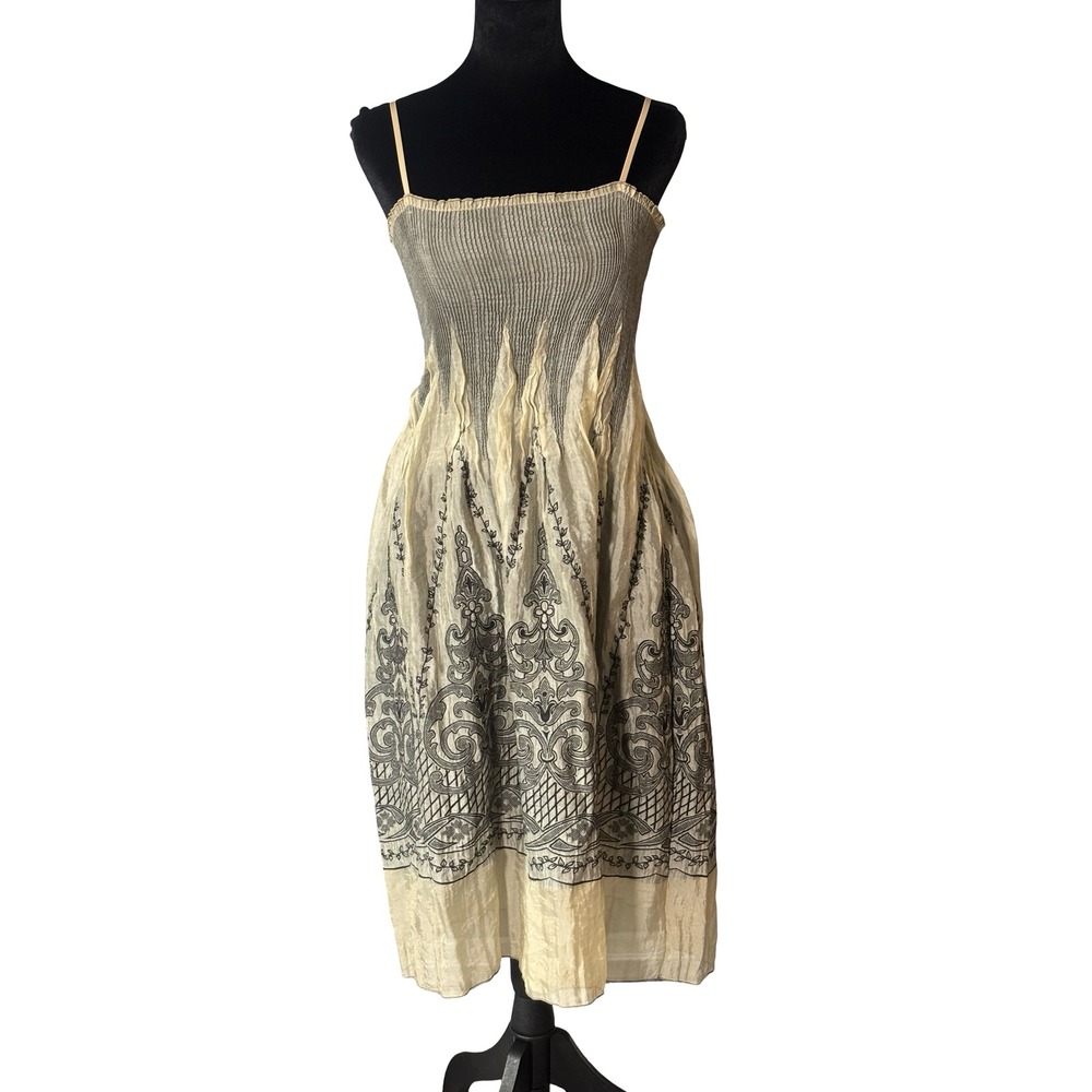 Max Studio Smocked Midi Dress One Size Cream Black Scroll Print Rayon Blend
